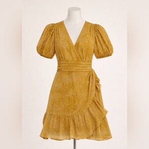 Express Dress Womens Yellow Faux Wrap Short Sleeve Polka Dot Ruff size small